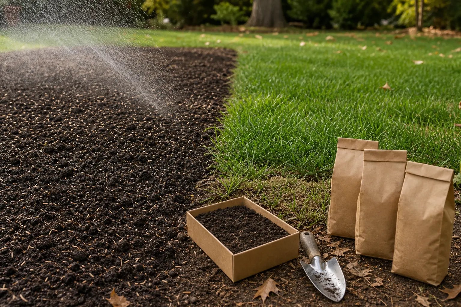 A prepared soil seedbed beside established green lawn, with visible grass seed, gentle sprinkler mist, a trowel, a plain soil sample box, and unmarked amendment bags.