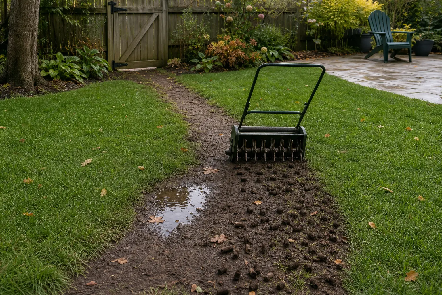 Early-fall backyard lawn with a worn traffic path and a core aerator leaving soil plugs only in the compacted path area.
