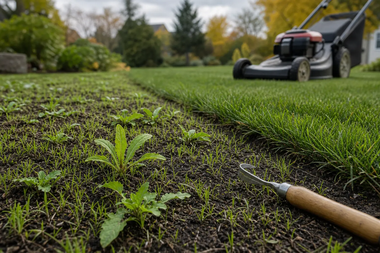 A newly seeded lawn with short grass seedlings and a few taller weeds in moist soil, with a hand weeder in front and a mower near denser turf in the background.