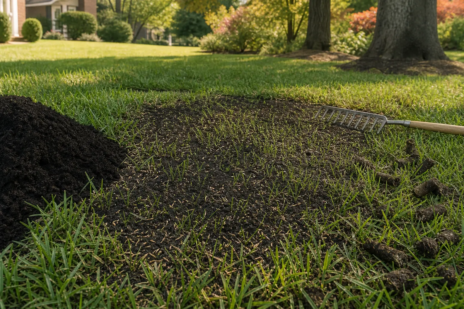 An established lawn with visible grass and seed under a thin, even compost topdressing, aeration plugs in a traffic strip, and a shaded thinning area beneath trees.
