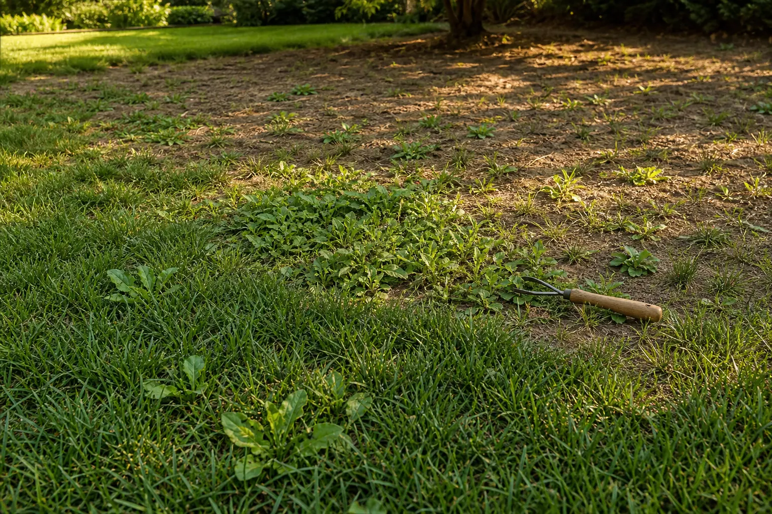 Late-summer cool-season lawn with a mostly grassy area containing a few weeds, a concentrated weedy patch beside a hand tool, and a sparse bare-soil area beneath tree shade.
