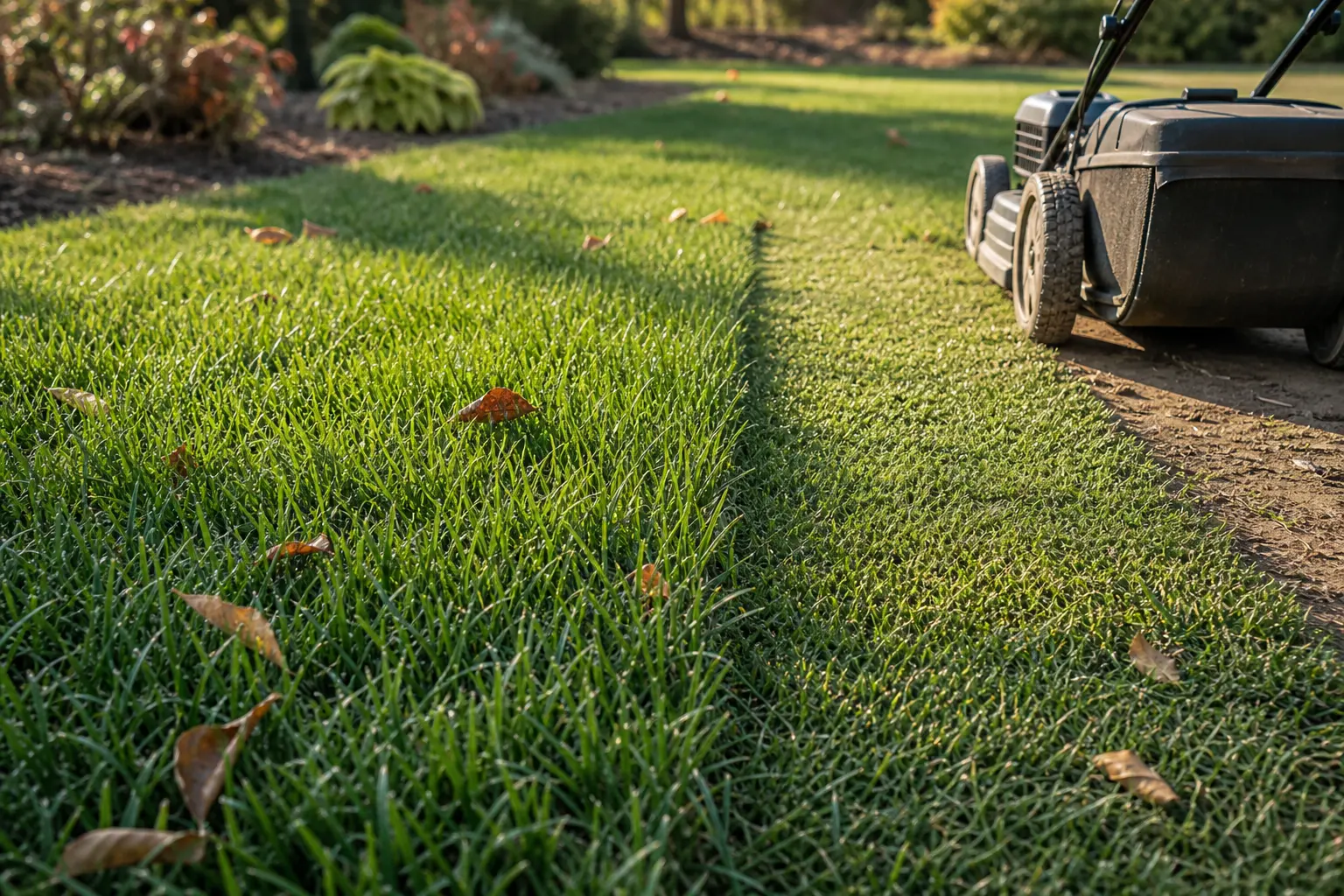 A recently overseeded lawn with young grass and a lightly mown section beside a walk-behind mower on firm, dry ground in early autumn.