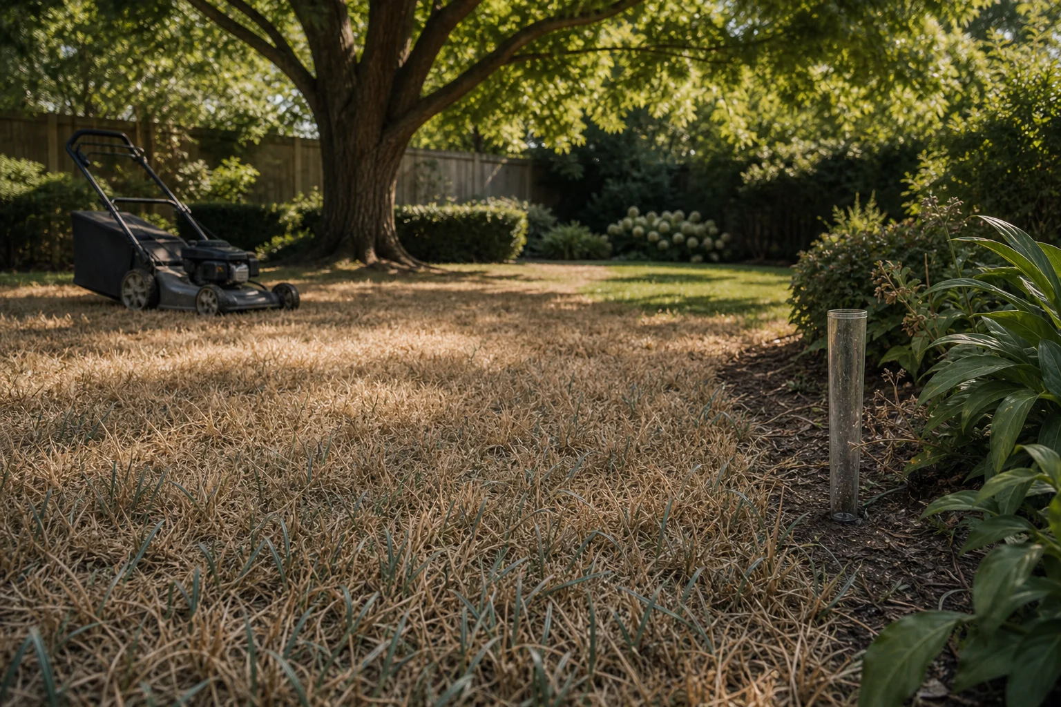 A late-summer backyard with a broad tawny-brown cool-season lawn, rolled blades in the foreground, dry soil at the edge, a parked mower, a mature shade tree, and a small naturally green recovering area.