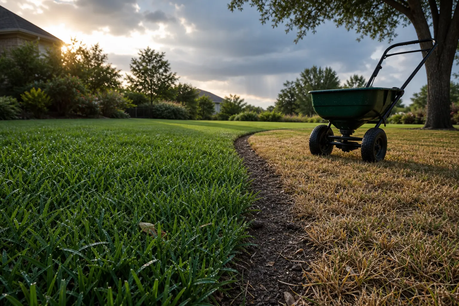 A late-August yard shows greener actively growing cool-season turf beside slightly slowing warm-season grass, with moist and dry soil cues and an unmarked spreader nearby.