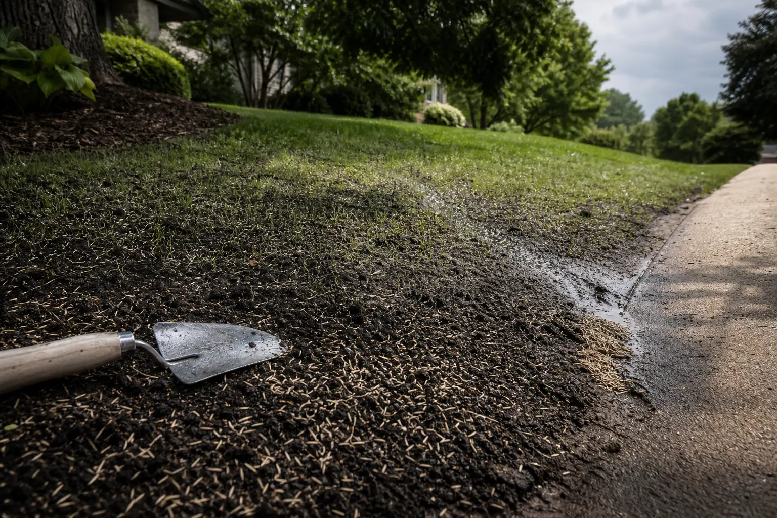 A newly seeded residential lawn after rain, with damp soil in the foreground, a gentle slope showing faint runoff marks, a shaded tree edge, a sunny pavement edge, and an unbranded hand trowel on the soil.
