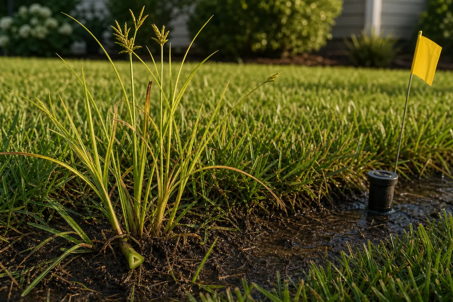 Close view of taller yellow-green sedge shoots with angular stems rising from a small damp low area in an otherwise green late-summer lawn near an irrigation head.