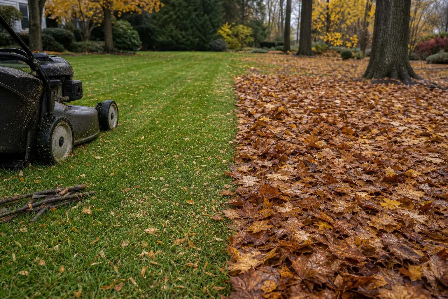 Autumn lawn with finely mulched leaves scattered over visible green grass on one side and a dense wet leaf mat hiding grass in a shaded area on the other.